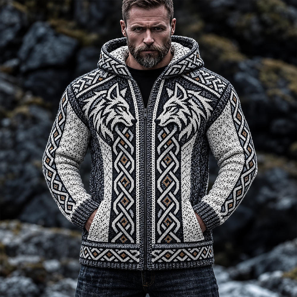 Men's Nordic Twin Wolves And Celtic Knot Hooded Zip Cardigan Knit Sweater