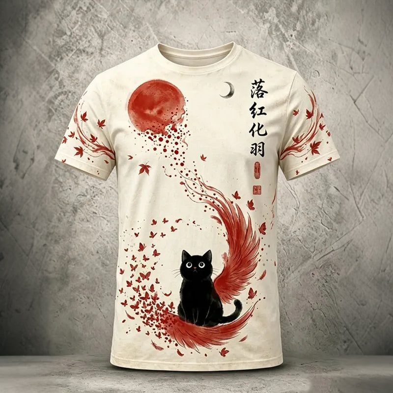 Men's Retro Black Cat Maple Leaf Print Linen Short-sleeve T-shirt