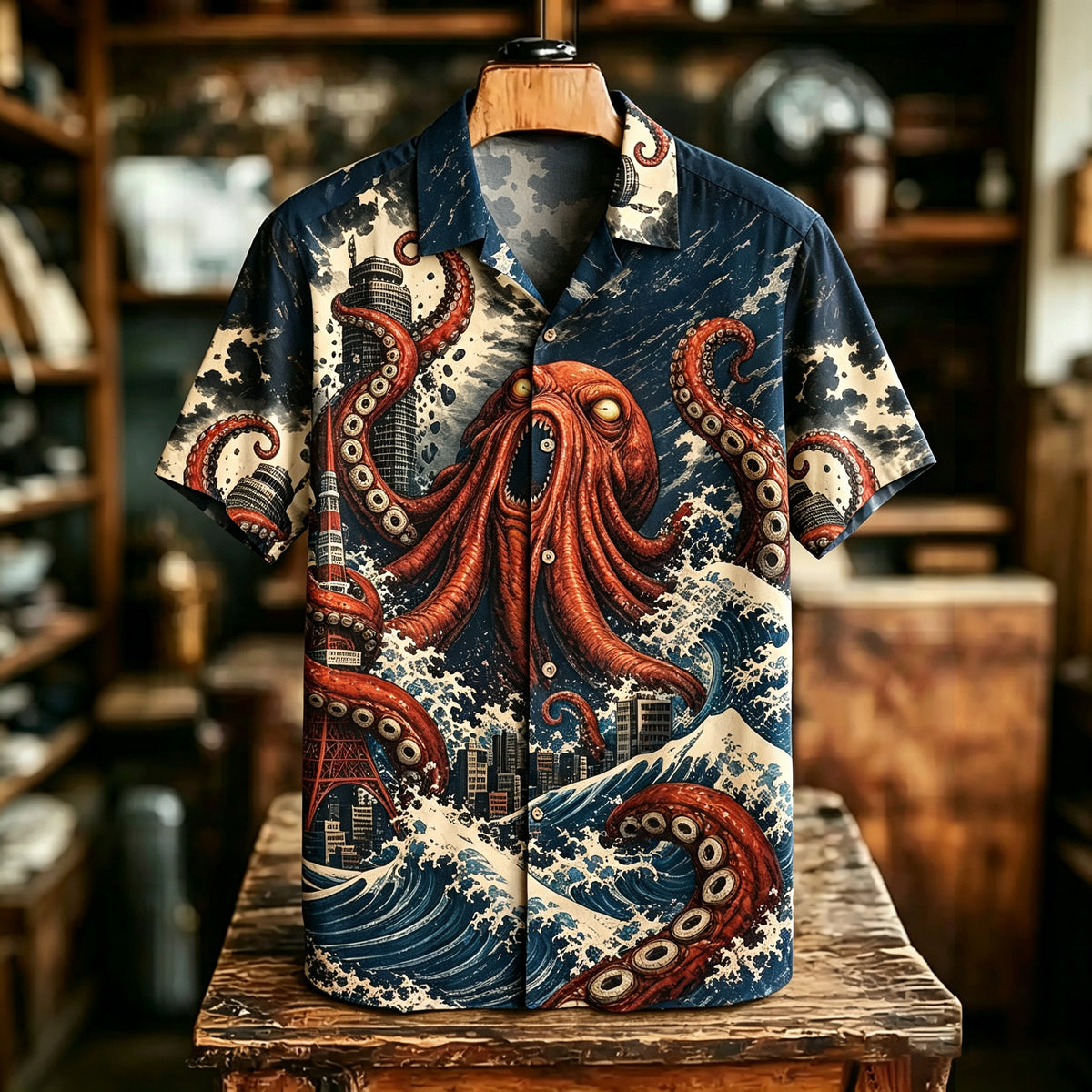 Men's Retro Japanese Octopus Print Linen Blend Shirt