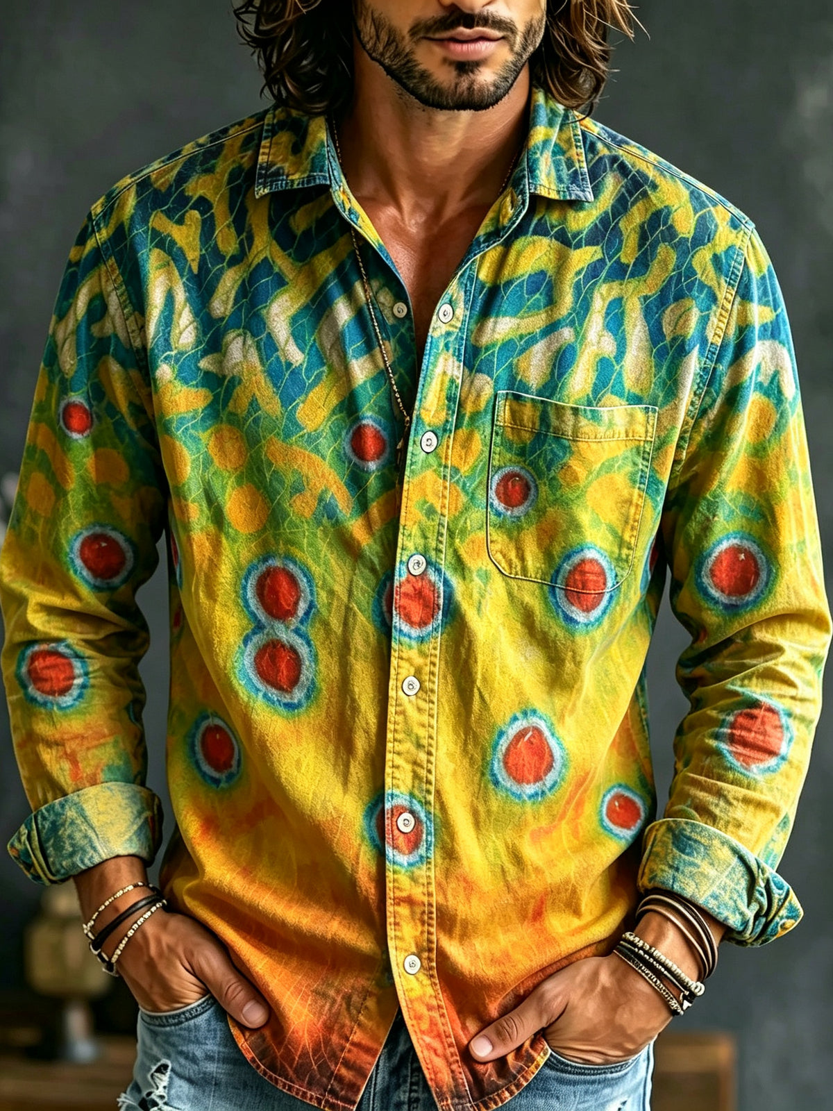 Men's Retro Color Block Ethnic Print Long-sleeve Linen Shirt