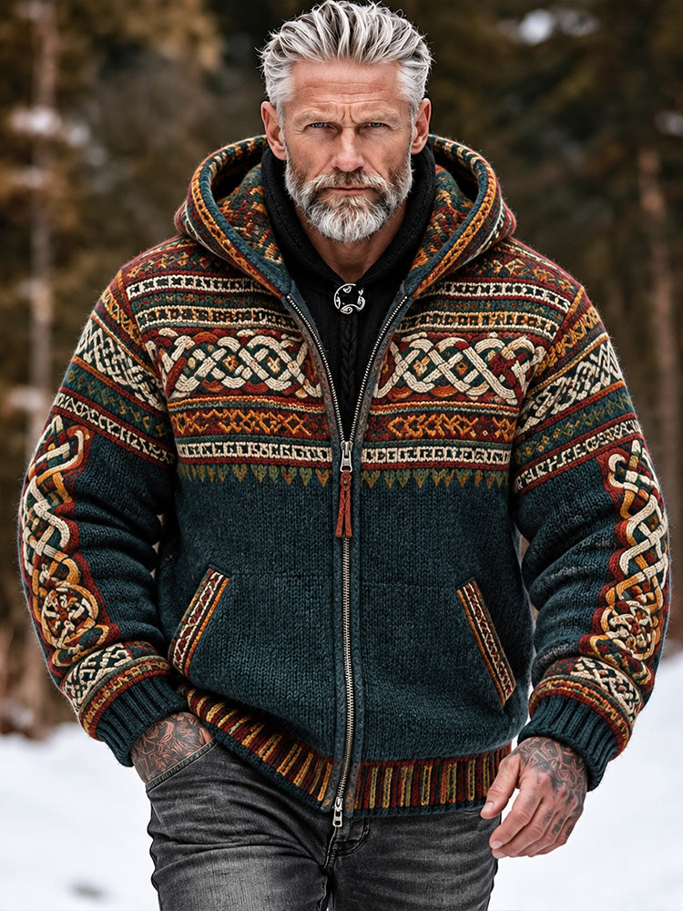 Men's Vintage Celtic Knot Ethnic Art Warm Zip-up Hoodie Sweater