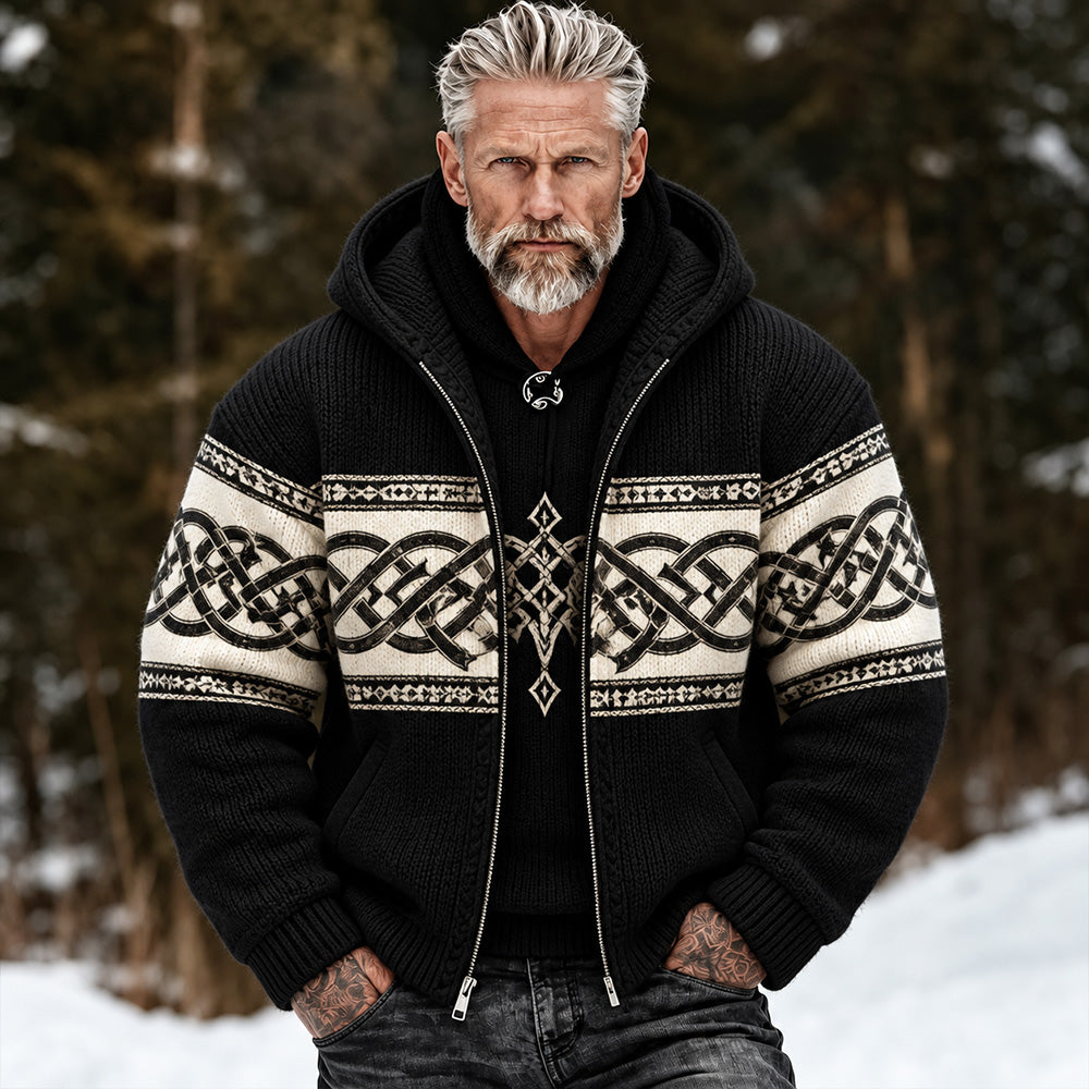 Men's Vintage Viking Celtic Knot Art Color-block Warm Knitted Jacquard Zip-up Hoodie