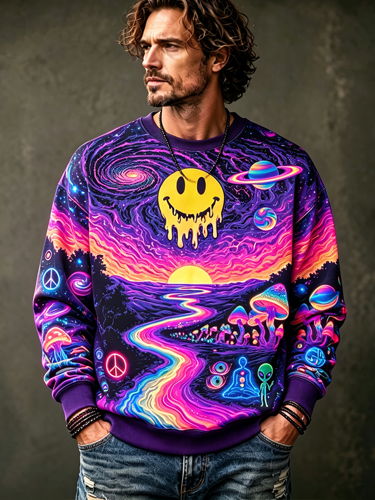 Men's Psychedelic Cosmic Sweatshirt - Neon Galaxy, Melting Smiley Face, Glowing Mushrooms And Peace Sign Print Pullover Top