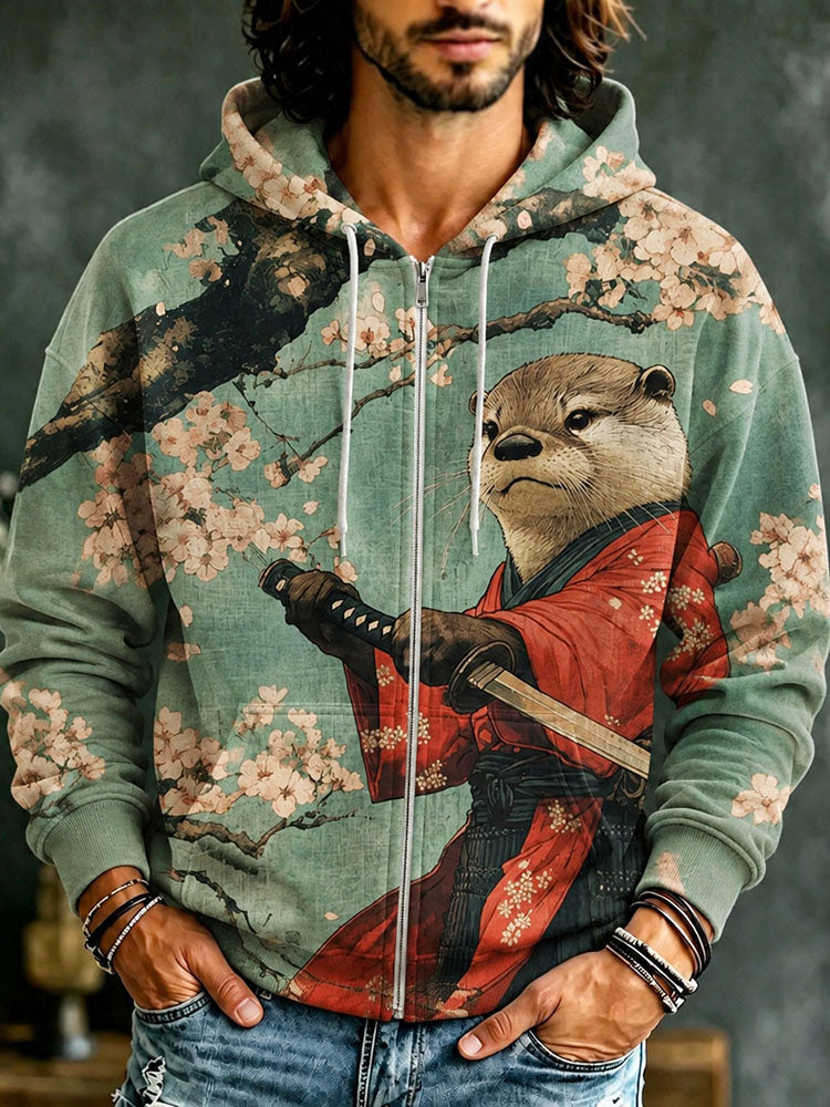 Men's Otter Warrior Training Art Print Casual Zip Up Hoodie