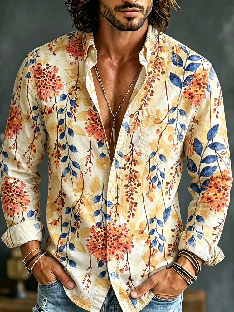 Men's Retro Casual Tie-dye Floral Print Long-sleeve Linen Shirt