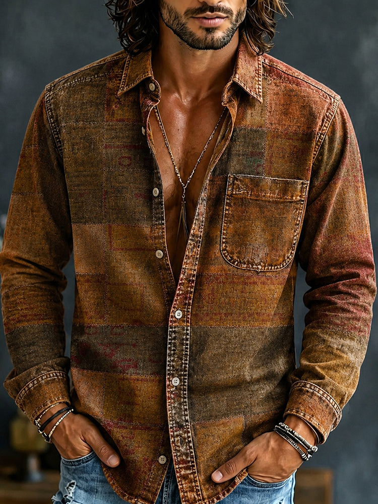 Men's Retro Ethnic Plaid Print Long Sleeve Pocket Shirt