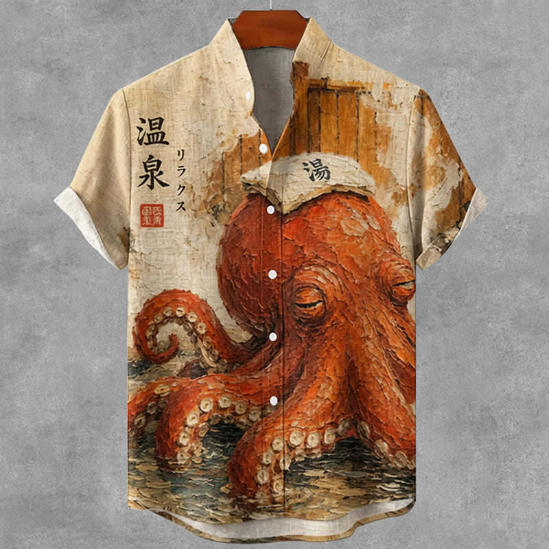Vintage Ukiyo-e Octopus Art Print Button Casual Linen Shirt