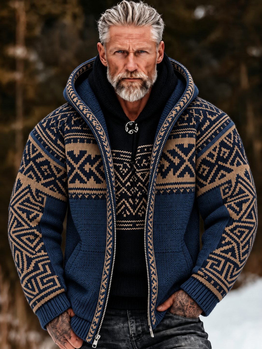 Men's Vintage Geometry Art Cozy Warm Knitted Jacquard Zipper Hooded Sweater