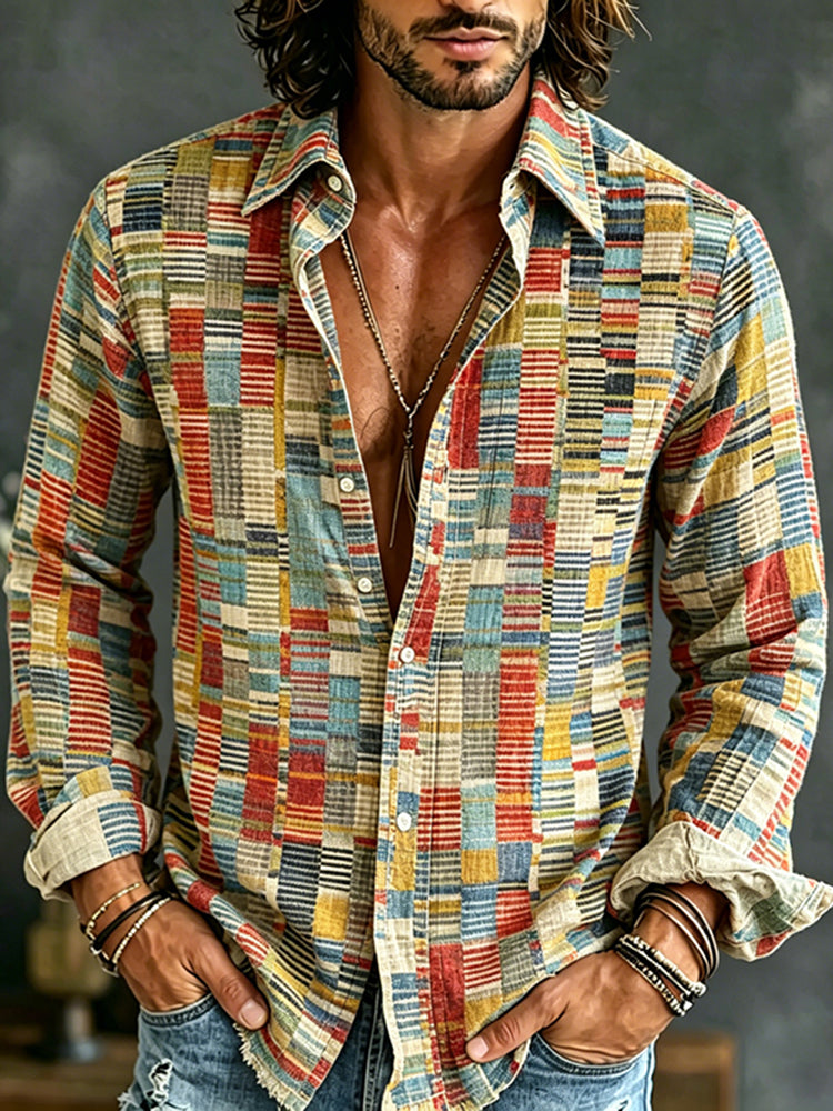 Vintage Abstract Geometric Style Art Print Casual Linen Shirt