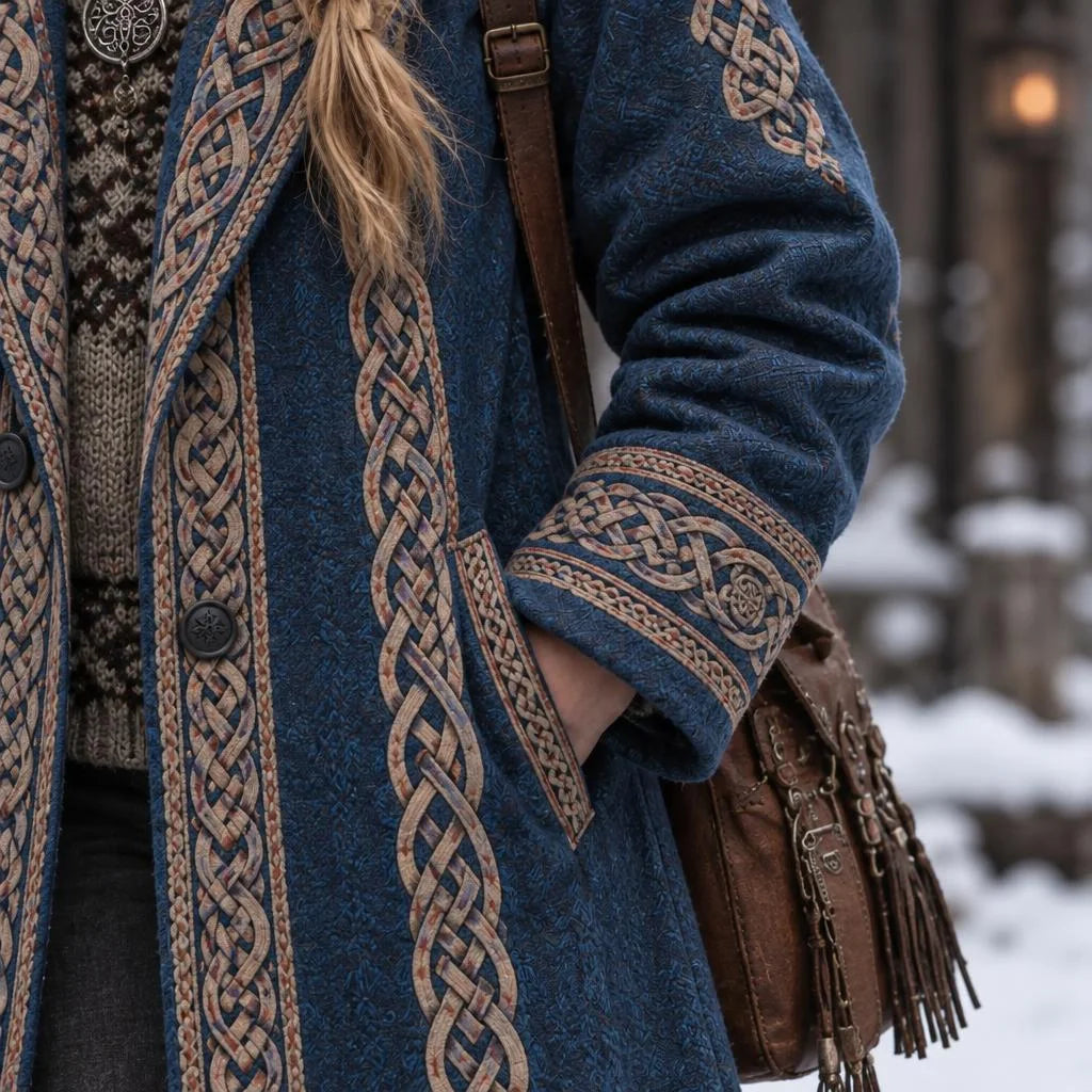 Women's Retro Viking Geometry Celtic Knot Pattern Art Cozy Coat