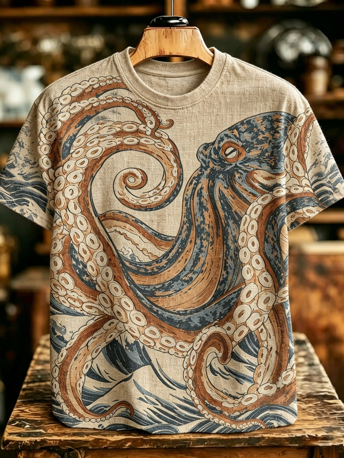 Men's Retro Japanese Art Octopus Print Linen T-shirt