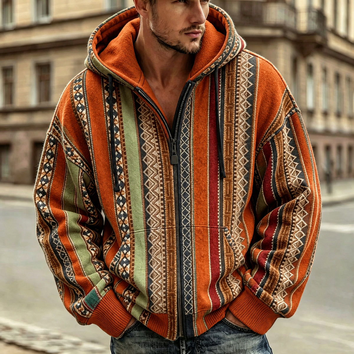 Men's Retro Geometric Ethnic Pattern Casual Warm Zip-up Hoodie