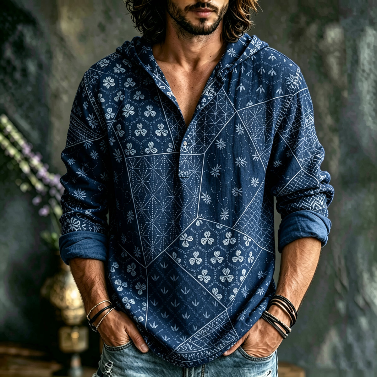 Men's Japanese Art Vacation Floral Pattern Linen Hooded Top