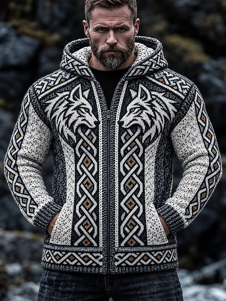 Men's Nordic Twin Wolves And Celtic Knot Hooded Zip Cardigan Knit Sweater