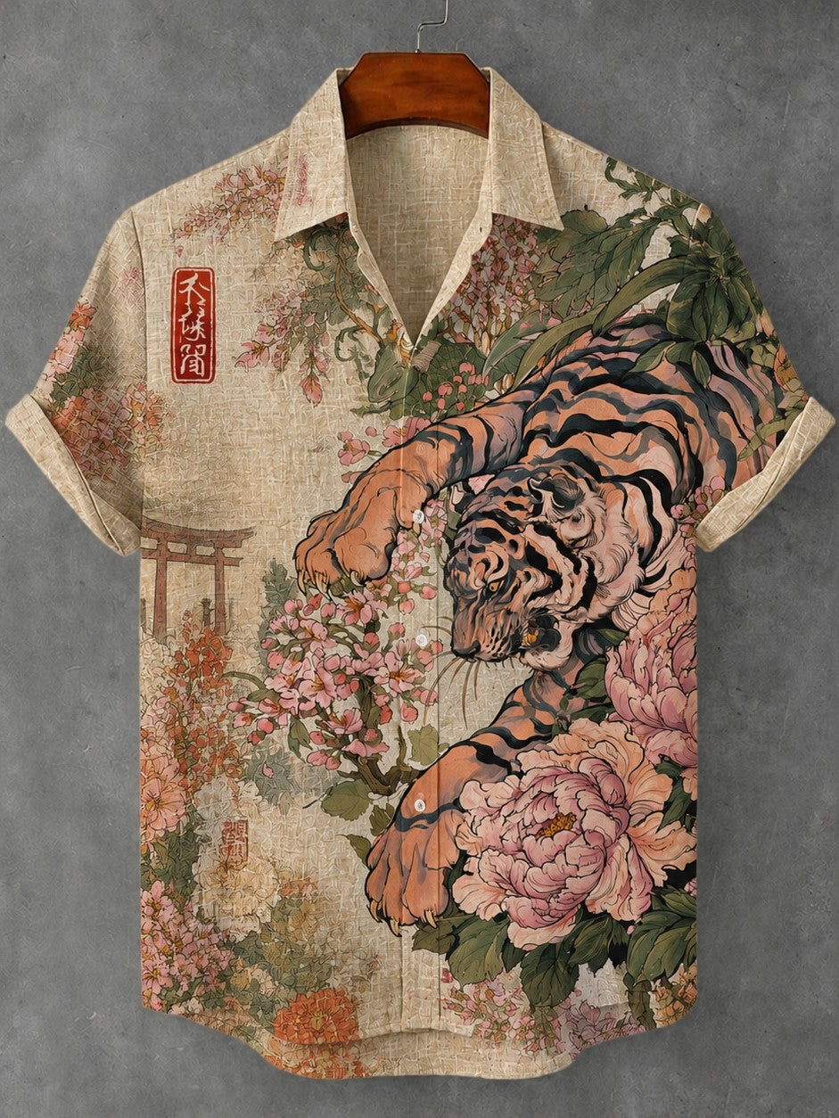 Men's Retro Japanese Art Tiger And Floral Print Linen Short-sleeve Shirt