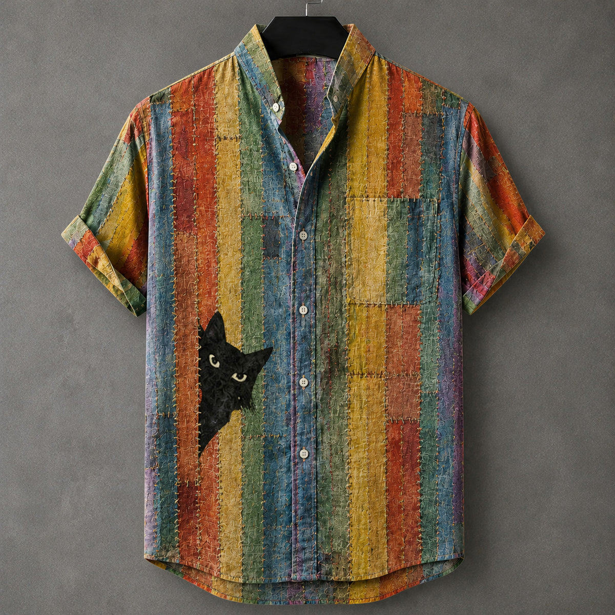 Men's Retro Bohemian Japanese Cat Patchwork Print Linen Shirt