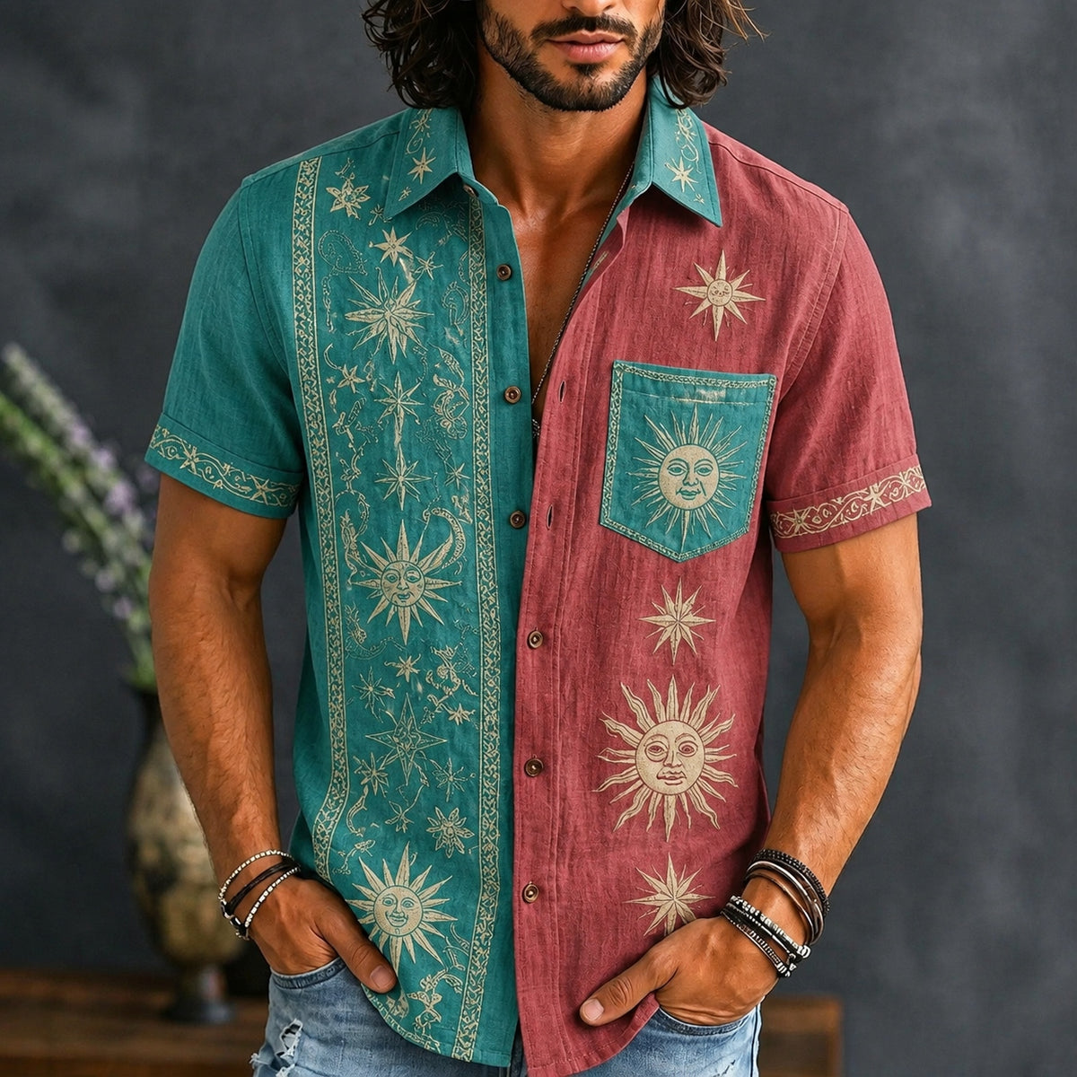 Men's Retro Sun And Star Printed Short Sleeve Shirt