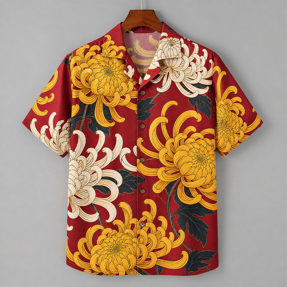 Men's Red Traditional Chrysanthemum Floral Print Short Sleeve Shirt