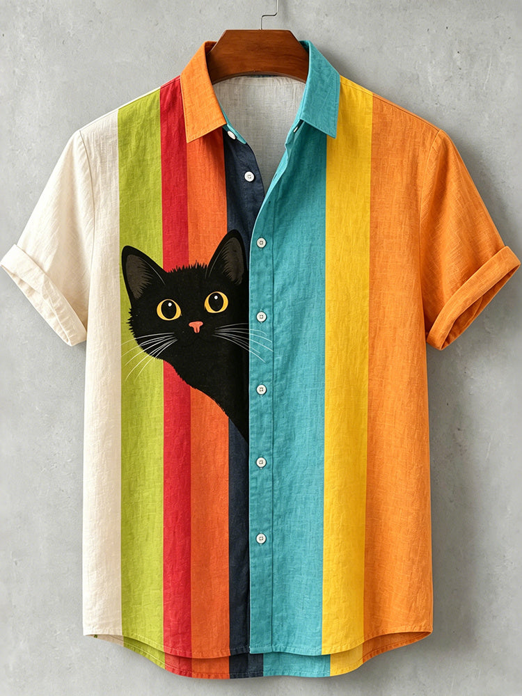 Men's Vintage Black Cat Contrast Stripes Art Print Casual Shirt