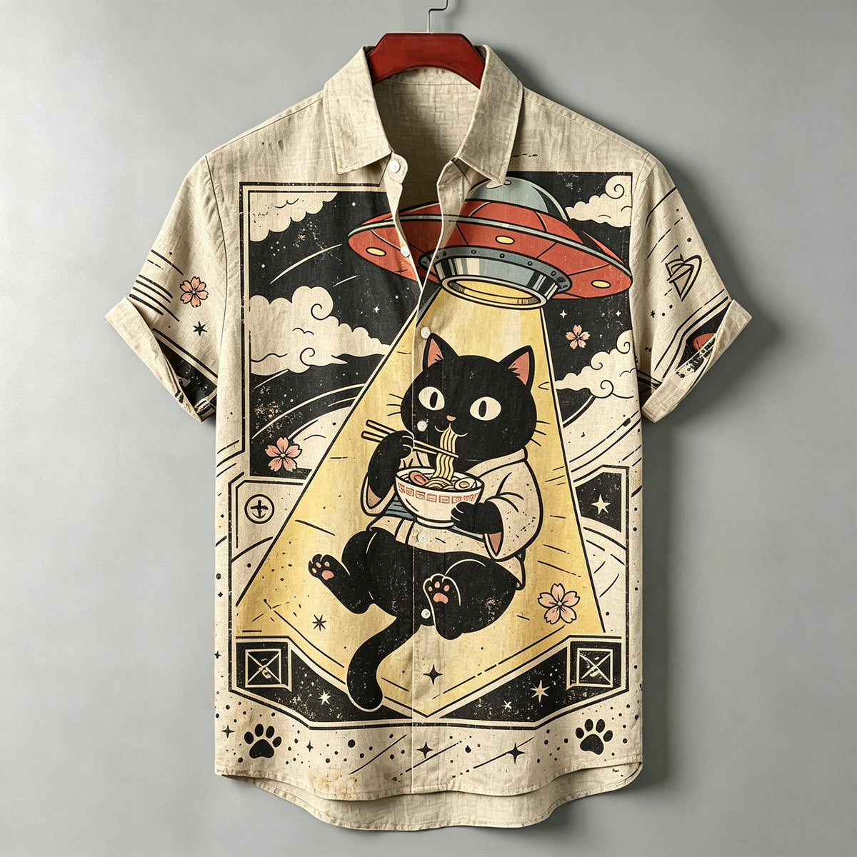Retro Alien Ufo Black Cat Eating Ramen Japanese Print Casual Shirt