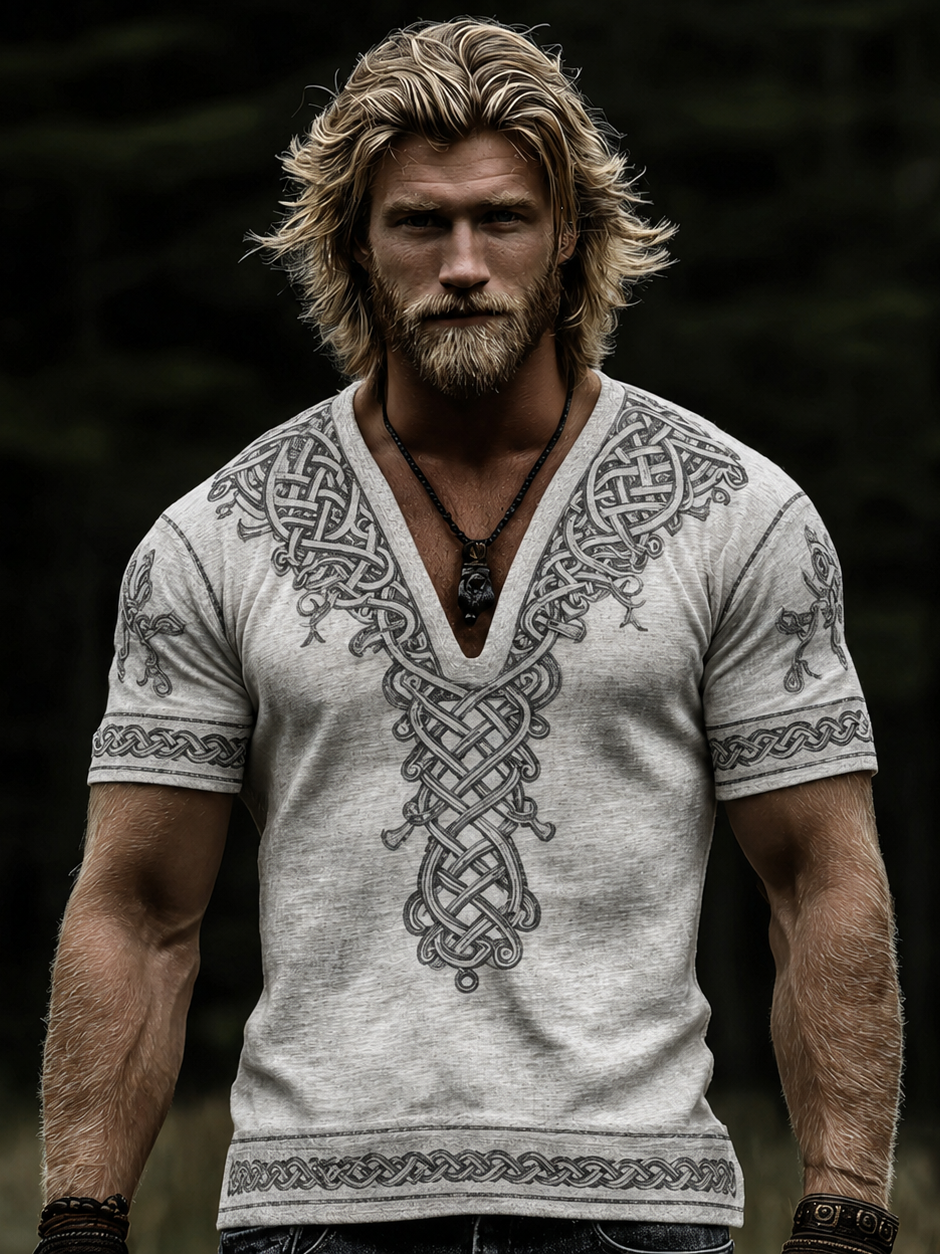 Men's Vintage Viking Celtic Knot Art Linen V-neck T-shirt