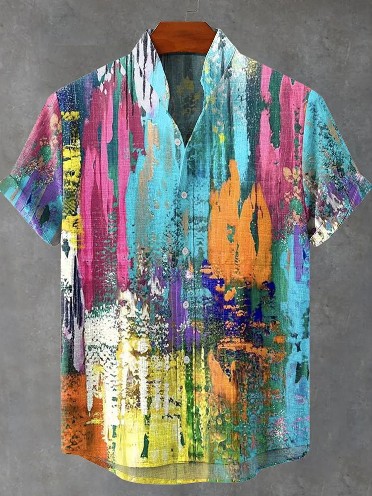 Men's Retro Art Multicolor Gradient Print Linen Short-sleeve Shirt