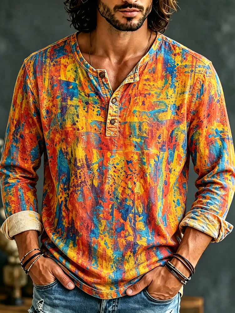 Men's Retro Hippie Art Print Casual Henley Collar T-shirt