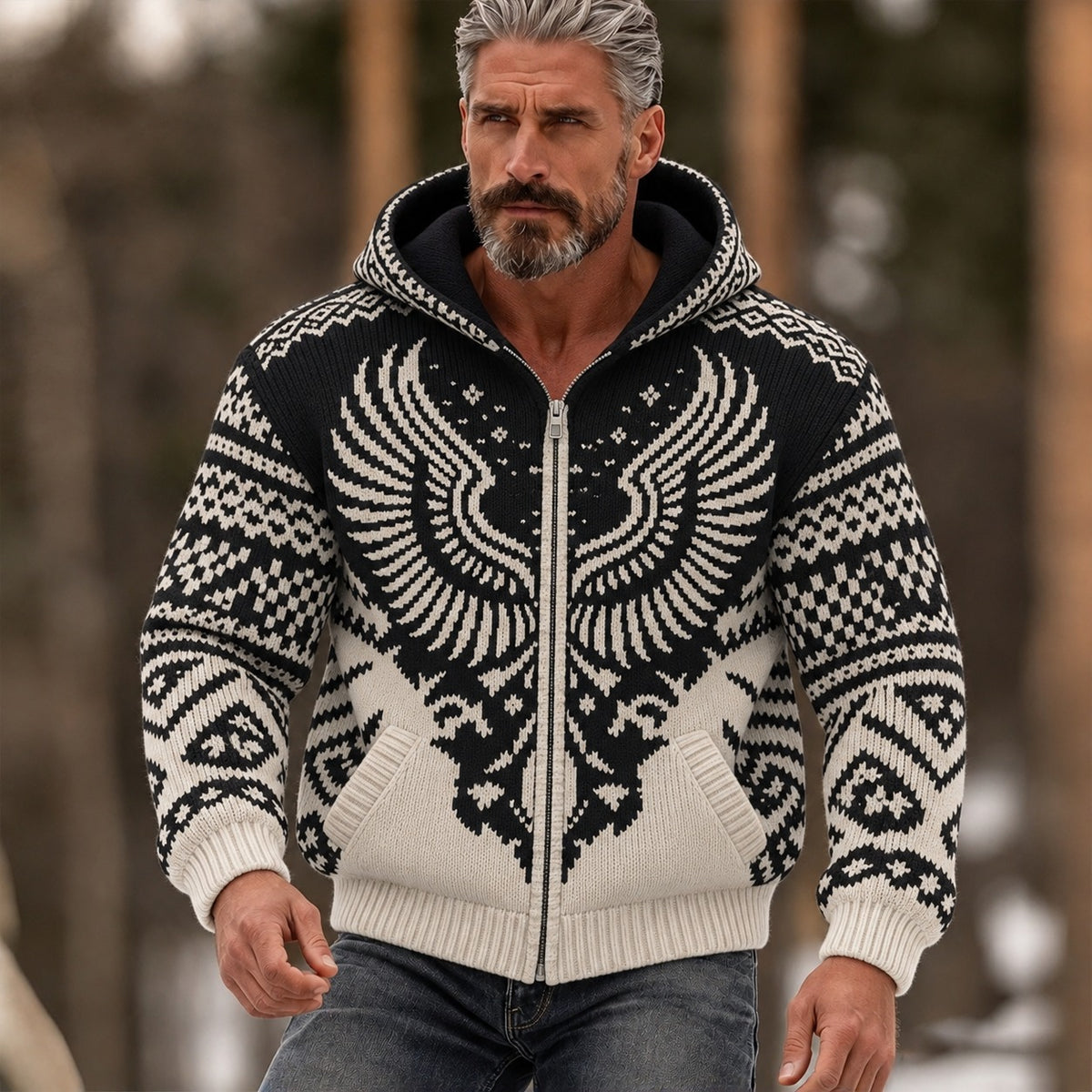 Men's Vintage Viking Wing & Rune Knit Hoodie