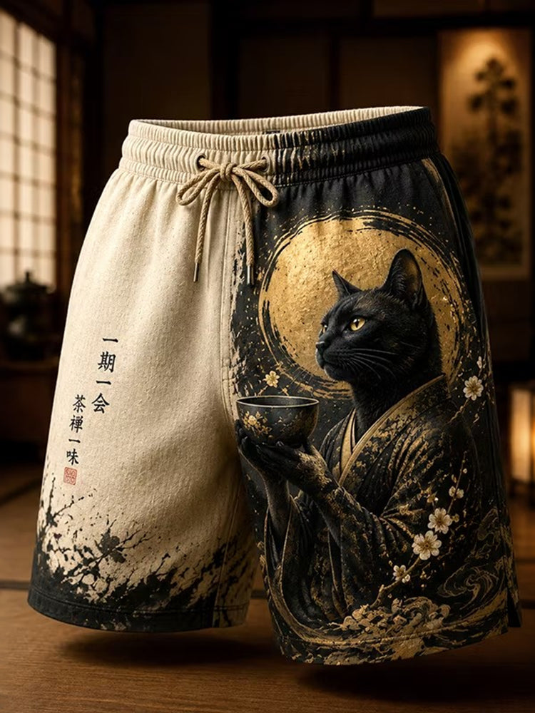 Men's Black Cat Drinking Tea Japanese Tea Ceremony Art Print Casual Shorts