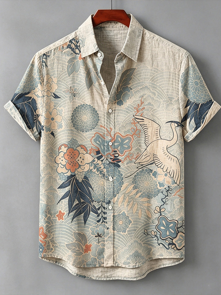 Retro Washed Wave Pattern Japanese Ukiyo-e Crane And Floral Print Short-sleeved Button Shirt