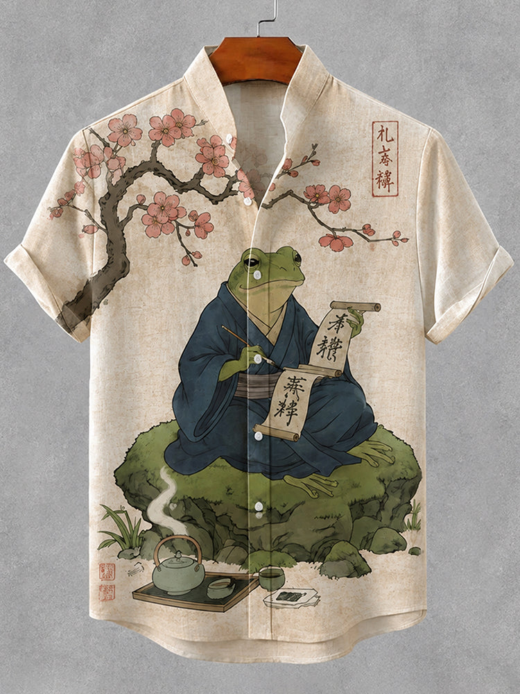 Men's Vintage Japanese Frog Art Print Casual Linen Shirt