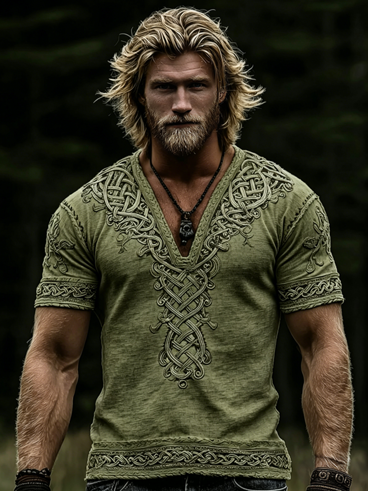 Men's Vintage Viking Celtic Knot Art Linen V-neck T-shirt