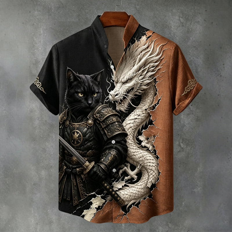 Men's Vintage Black Cat Warrior And White Dragon Japanese Art Printing Flowy Linen Blend Casual Shirt
