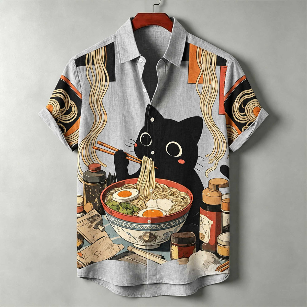 Men's Japanese Ukiyo-e Print Black Cat Eating Ramen Print Casual Loose Short-sleeve Shirt