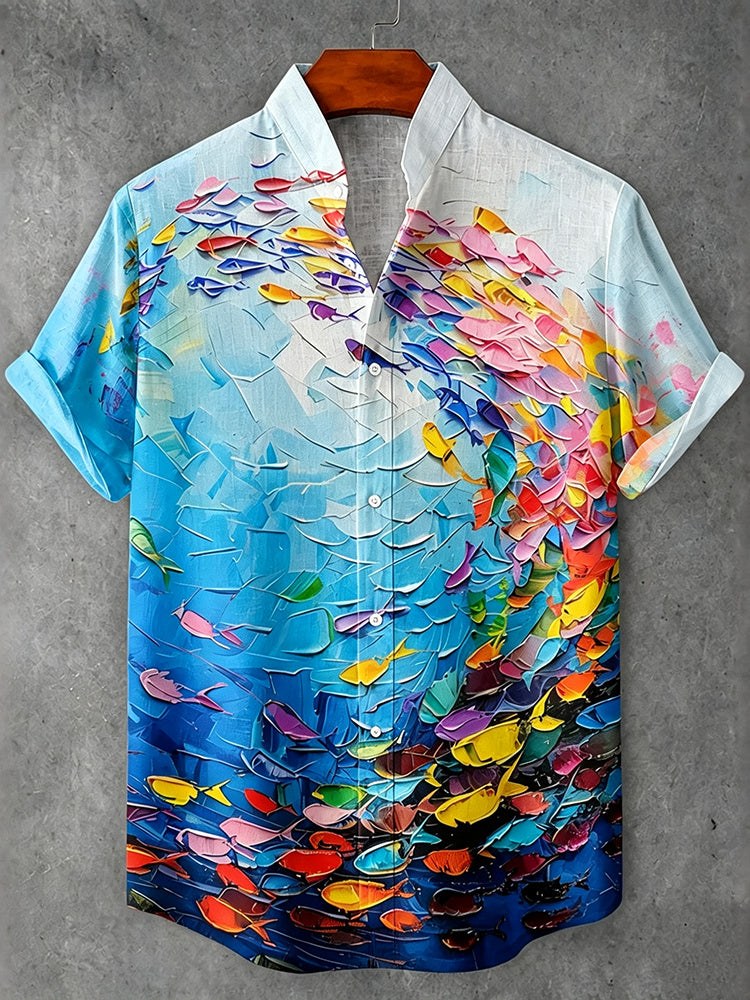 Vintage Japanese Fish Art Painting Button Casual Linen Shirt
