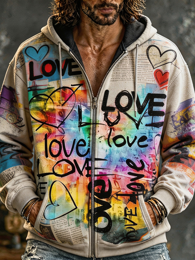 Vintage Hippie Streetwear Love Graffiti Zip Hoodie