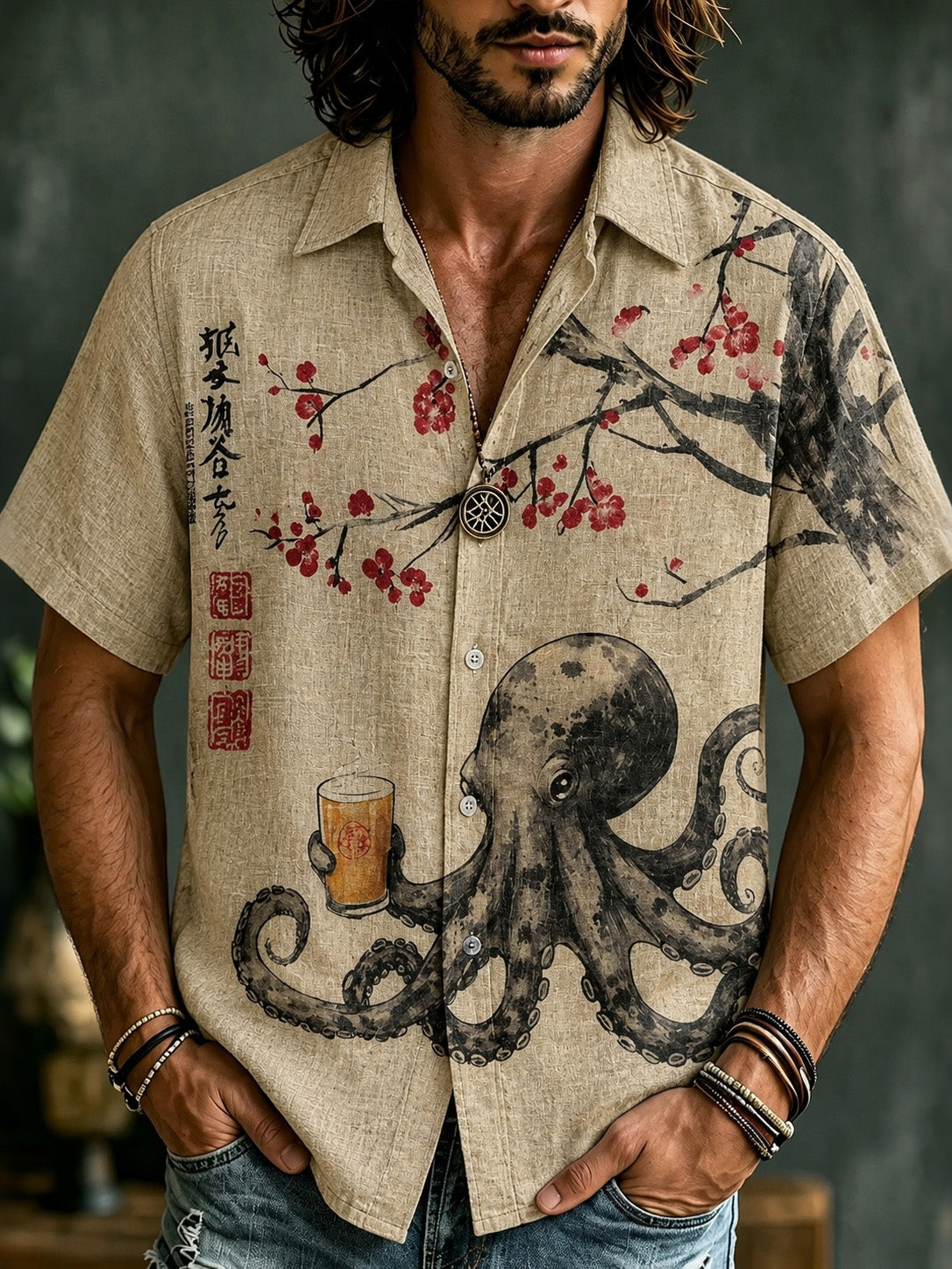 Men's Octopus Drinking Tea Under The Cherry Tree Art Print Shirt