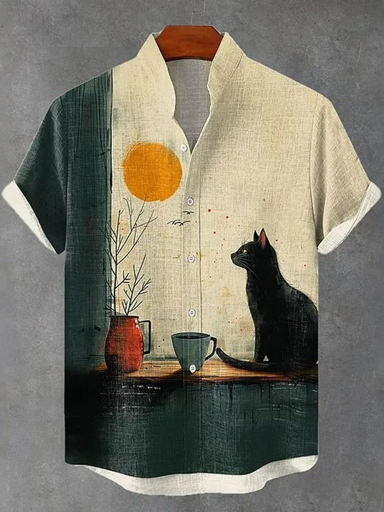 Vintage Cute Cat Patchwork Art Print Casual Linen Shirt