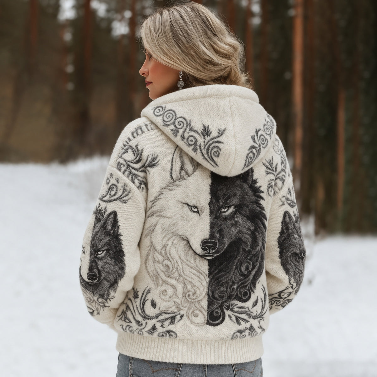 Women's Viking Wolf Art Knit Cozy Knit Hooded