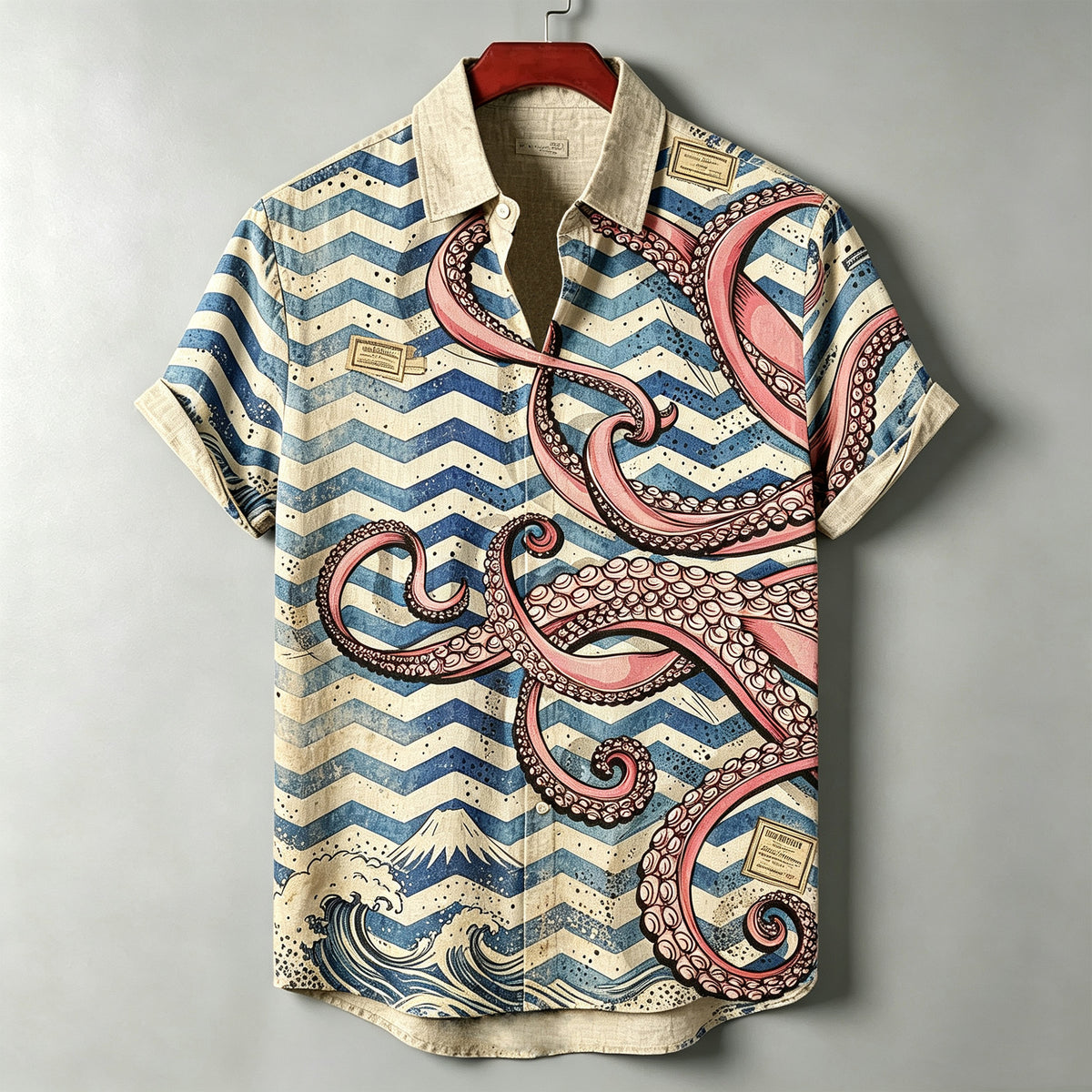Men's Retro Octopus Wave Mt. Fuji Ukiyo-e Print Short-sleeve Linen Shirt