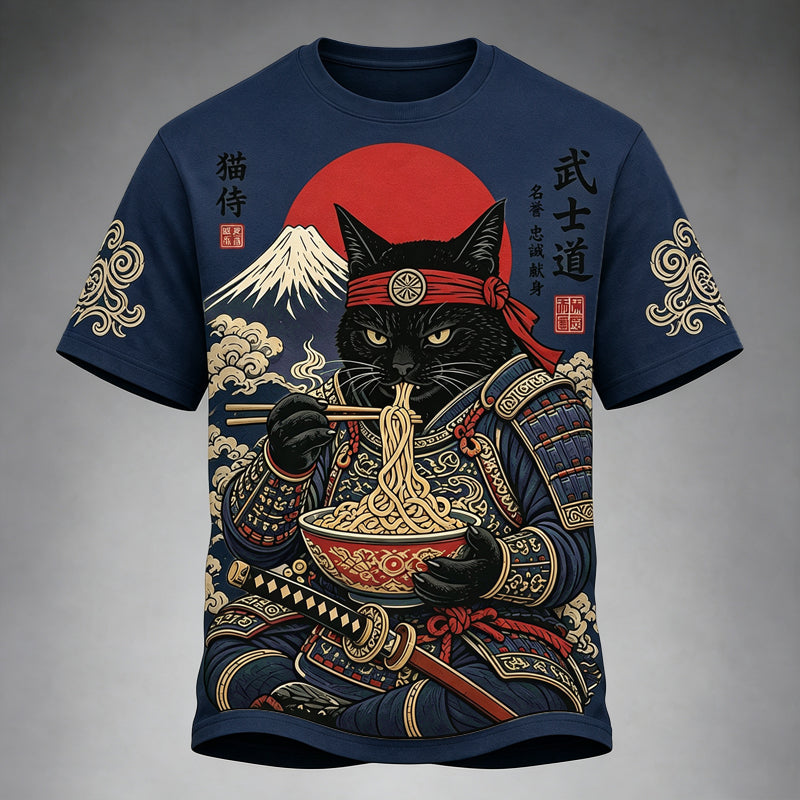 Men's Black Cat Samurai Eats Ramen Print Casual T-shirt