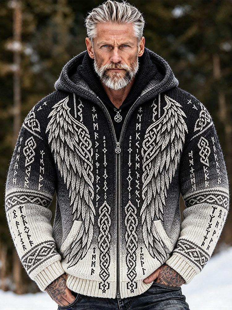 Men's Vintage Viking Style Wings And Celtic Knot Art Jacquard Hooded Cardigan Sweater