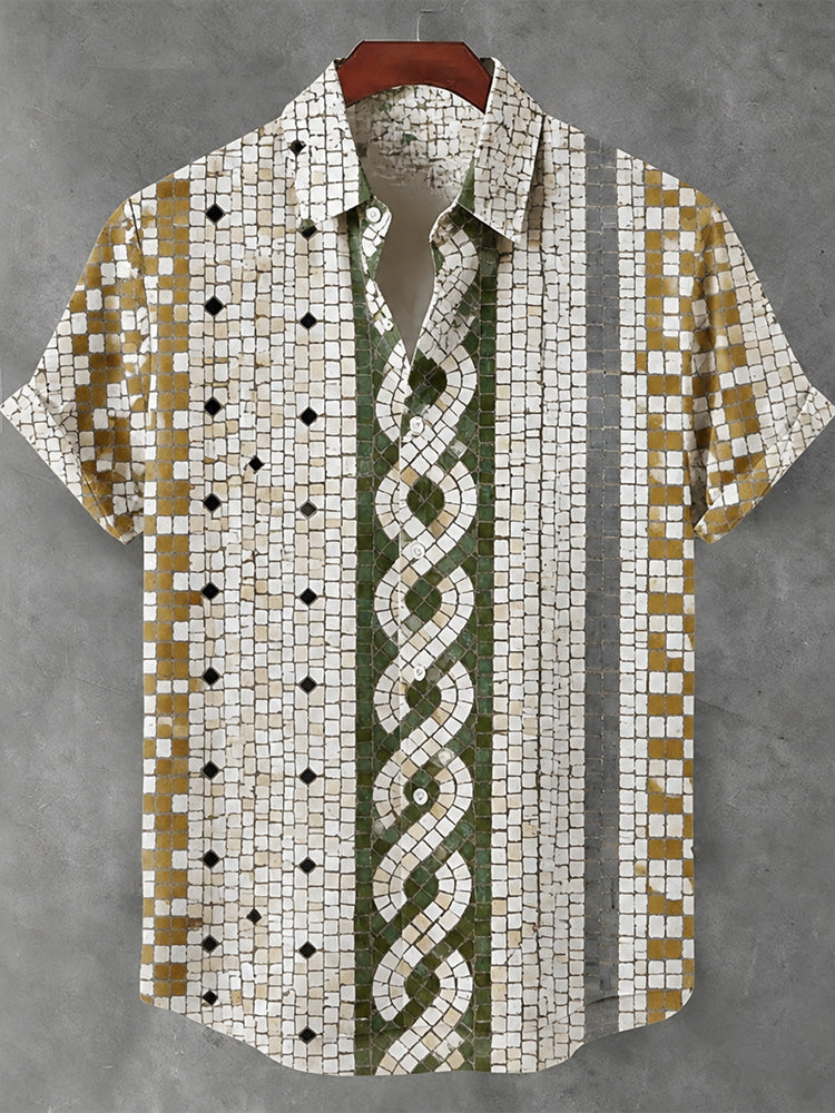 Vintage Japanese Geometric Pattern Art Print And Linen Short-sleeved Shirt