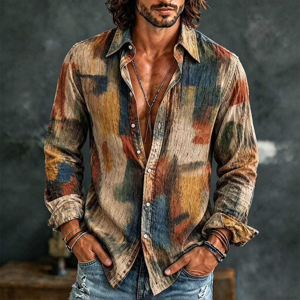 Men's Vintage Color Palette Geometric Art Casual Long Sleeve Shirt
