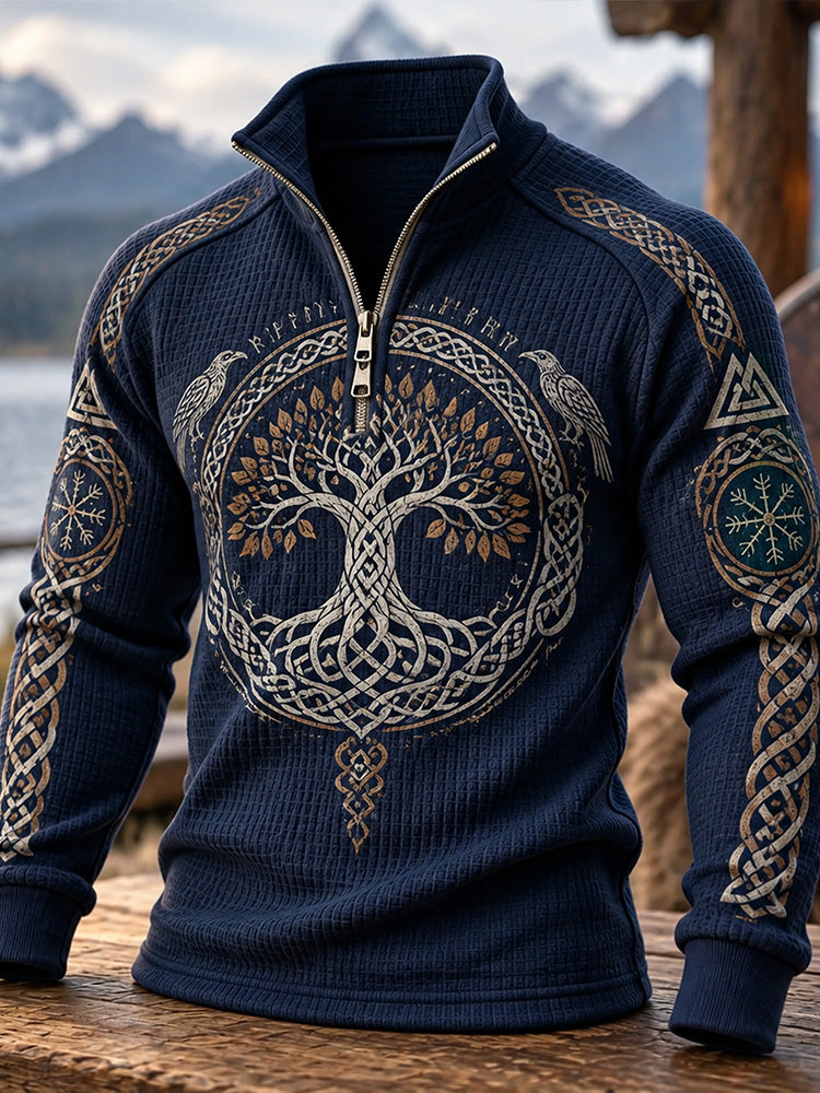 Men's Vintage Viking Yggdrasil Tree Of Life Raven Rune Quarter Zip Waffle Sweatshirt