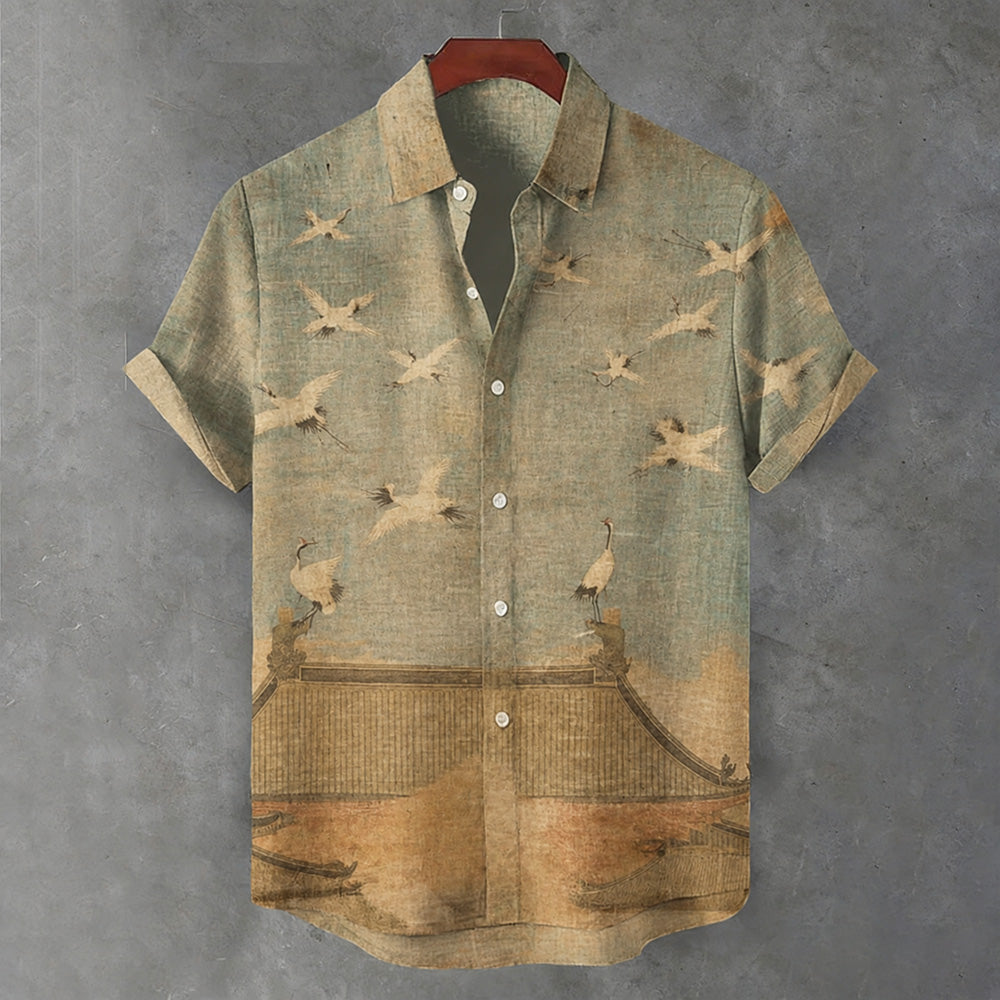 Vintage Flying Crane Scroll Art Print Linen- Blend Short-sleeved Shirt