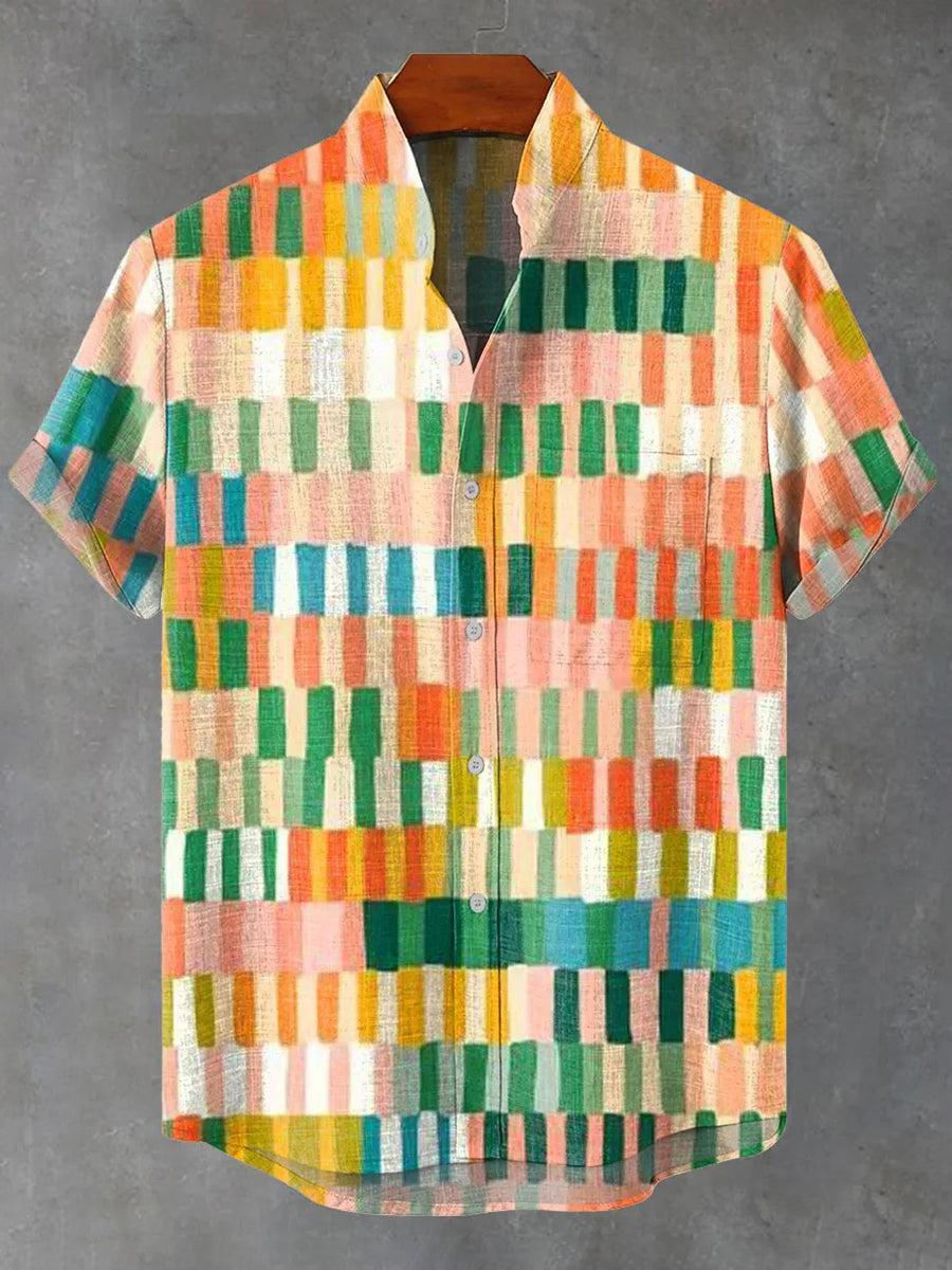 Men's Multi-color Block Print Linen Blend Short-sleeved Shirt