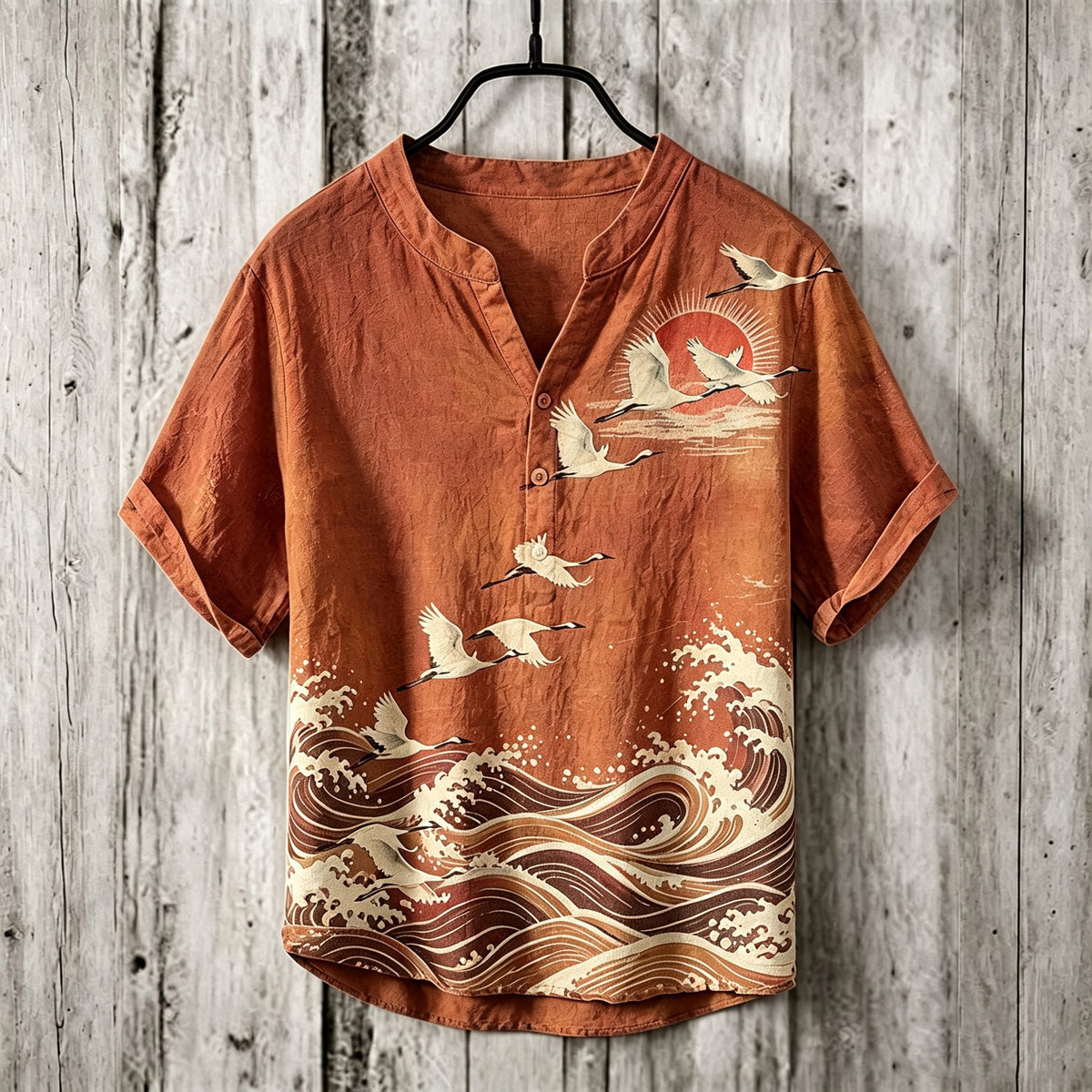 Men's Retro Japanese Art Ukiyo-e Crane And Wave Print Linen Top