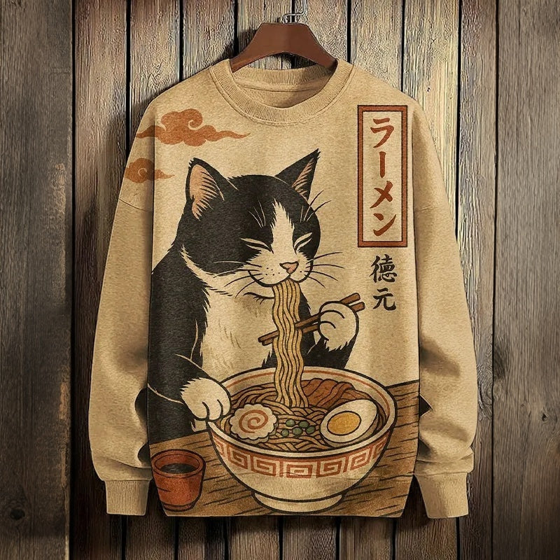 Men's Vintage Japanese Art Cat Eating Ramen Print Crew Neck Casual Sewatshirt