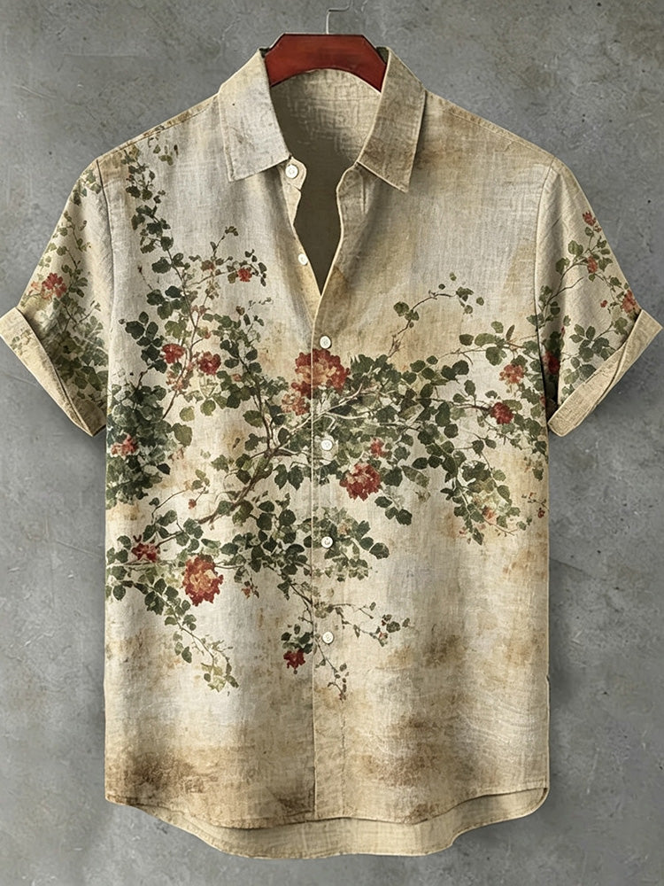Vintage Japanese Floral Plant-dyed Casual And Linen Short-sleeved Shirt
